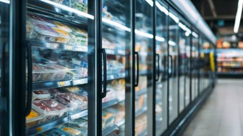 Długi ciąg regałów chłodniczych w dużym markecie