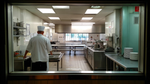 Widok na kuchnię w stołówce szkolnej