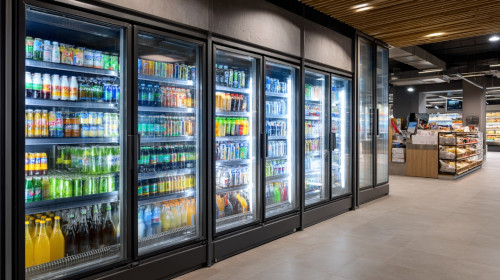 Podświetlone regały chłodnicze pełne napojów