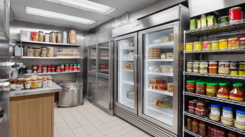 Mała kuchnia w lokalu gastronomicznym z regałem chłodniczym