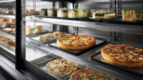 Pizze i inne gotowe produkty na tackach w witrynie sklepowej